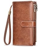VOBUKE Carteras Mujer Grandes Monedero Piel PU Vintage Billetera Largo con 16 Ranuras Bloqueo RFID Carteras Mujer monederos Larga con Cremalleras y Correa de Muñeca