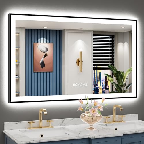Image of 50x30 Black Framed LED Bathroom Mirror with Lights, Backlit and Front Lit Anti-Fog Lighted Vanity Mirror for Bathroom Wall, Dimmable, 3 Colors, Memory, Shatter-Proof, HD Tempered Glass, CRI 95