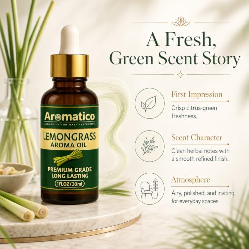 Image of AROMATICO Lemongrass Diffuser Oil for Long-Lasting | Home Fragrance & Aromatherapy, Meditation & Concentration | For Diffusers, Air Fresheners | 30ml