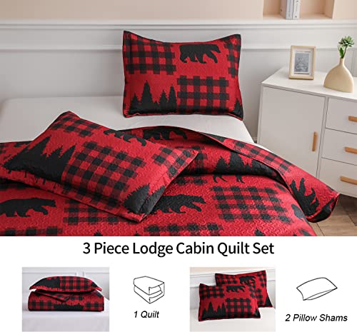 Quilt Set Queen Size Rustic Bedding Set Red Black Buffalo Plaid Patchwork Bedding Rustic Quilt Bedspread Country Cabin Lodge Bear Quilt Bedding Soft Lightweight Reversible Plaid Quilt Bedding #TOP6
