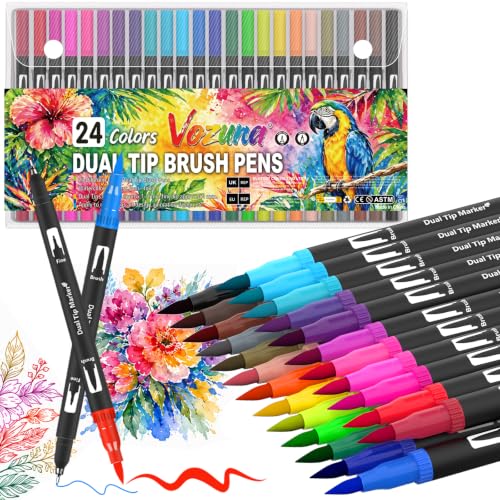 Vozuna 24 Colouring Pens for Adults Dual Tip Brush Pens with Brush & Fine Tip Coloured Pens for Adult Colouring Books Hand Lettering Calligraphy & Journaling