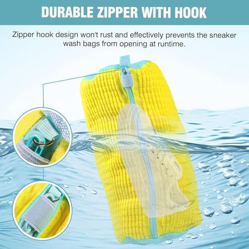 2 Pcs Shoe Washing Machine Bags, XXL Shoe Laundry Bags for Washer and Dryer, Sturdy Zipper with Hook Design, 2 Sneaker Dry Bags Included, Reusable Washing Bag for Sneaker, Tennis, Yellow 2 Packs4