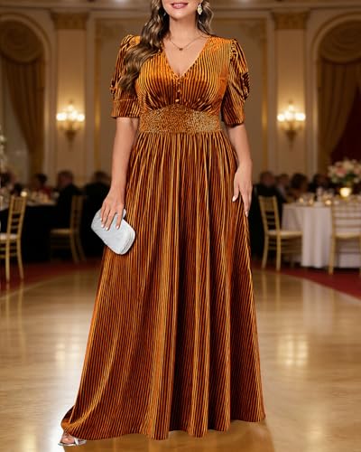 Image of Pinup Fashion Velvet Wedding Guest Dress - Fall Formal Holiday V Neck Empire Waist Long Dresses