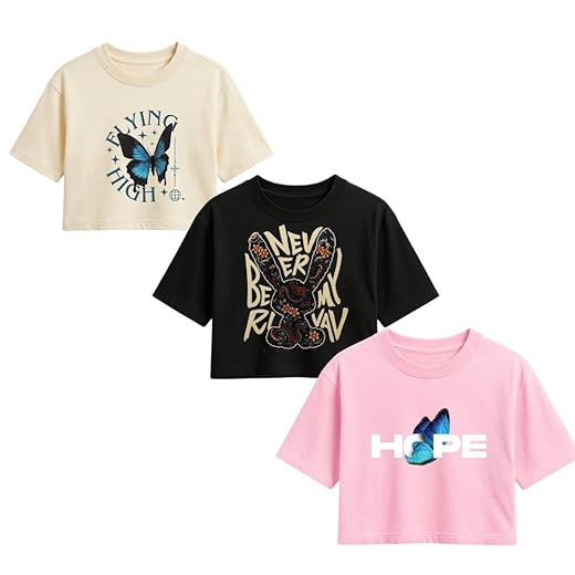 CRT ENTERPRISES Women Printed Crop Top Pack of 3 | Butterfly & Quote Graphic Designs | Soft Cotton Casual Crop T-Shirts for Girls & Women