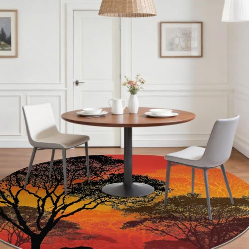 Tapis rond 90 cm silhouette d'arbres rouges lavable
