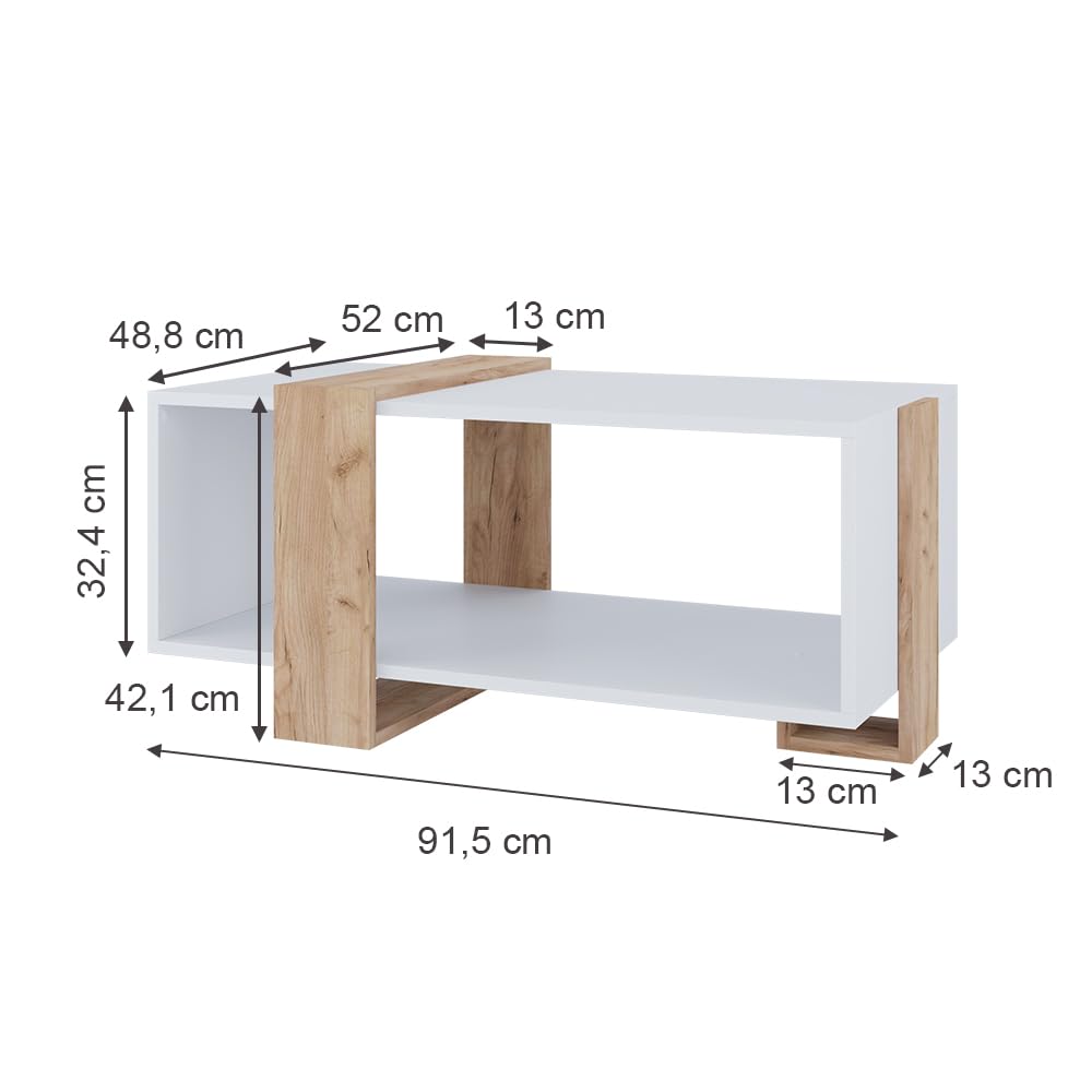 Vicco Couchtisch Aven, Weiß/Goldkraft Eiche, 91.5 x 52 cm | mit zusätzlicher Ablagefläche für Bücher und Zeitschriften