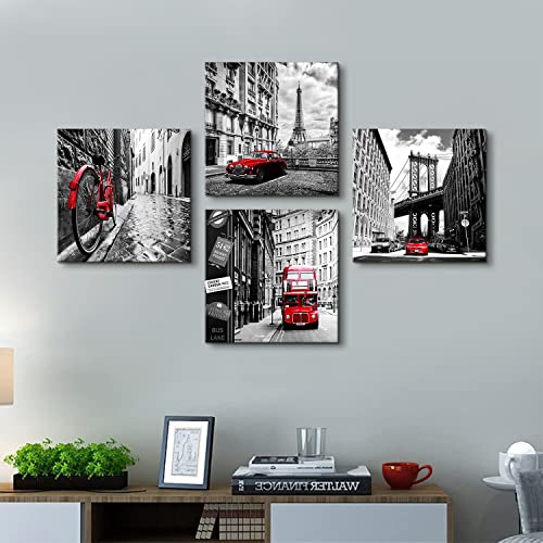 Black And White Wall Art For Living Room Red Paris Decor For Bedroom Cityscape Canvas Pictures Bathroom Decor City Painting With Eiffel Tower Brooklyn Bridge London Poster Office Home Decoration 12×12" 4 Pcs #TOP1