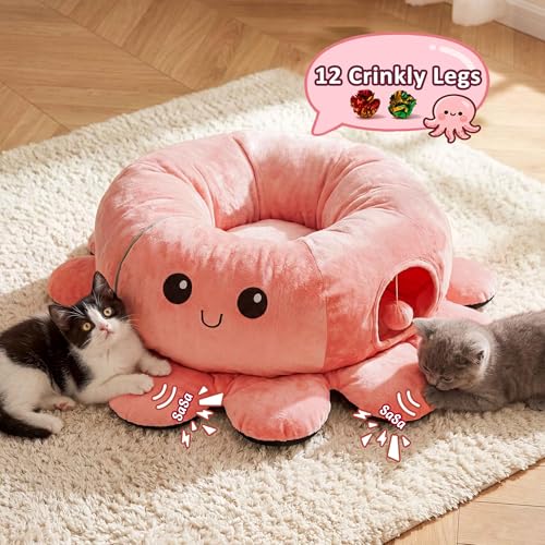 Image of Cat Tunnel Bed with 20 Cat Toys, Collapsible Play Tunnel for Indoor Cats, Kitten Toys for Indoor Kittens, Octopus Shaped