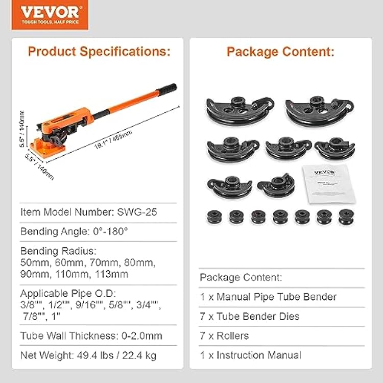VEVOR Pipe Tube Bender, 3/8 to 1 OD Manual Pipe Tube Bender with 7 Bending Dies, 180 Copper Aluminum Pipes Bending Tools for HVAC Air Conditioning Refrigerator Auto Repair