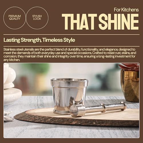 Image of Jensons Stainless Steel Okhli | Mortar & Pestle Set | Musal Set | Khalbatta for Kitchen Spice Mixer | Imam Dasta | Hand Smasher /Hamam Dasta | Kharal Idi Kallu /Khal batta