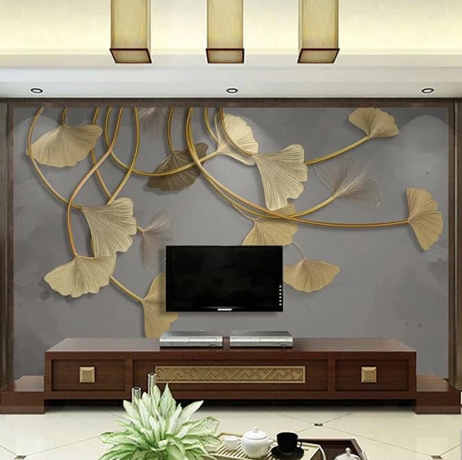Papier peint mural fresque feuille d'or 3D pour salon et canapé 350x256 cm