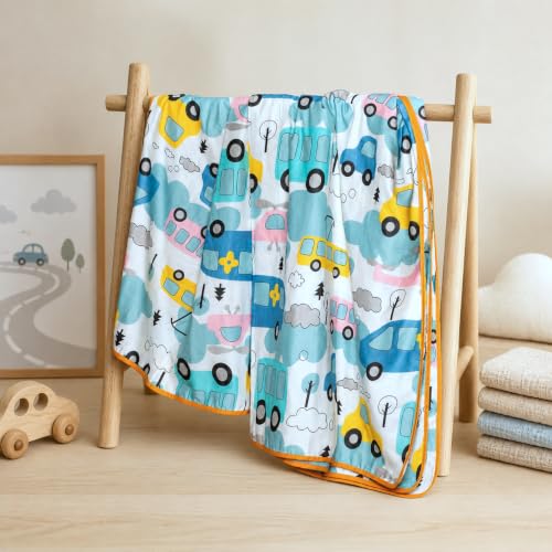 Image of LORETO - A QUALITY LINEN BRAND 100% Cambric Cotton Double Dohar 88 x 90 Inches, 3-Layer Lightweight AC Blanket with Soft Cotton Flannel Filling, Breathable Summer Quilt, Reversible, Baby Bus Blue bird