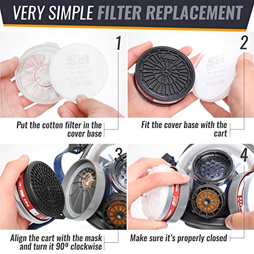 Full Face Organic Vapor Respirator - Protective Eye & Nose Shield with Anti-Fog Heavy Duty Lens & Adjustable - Chemical, & Particulate Respirator. Includes 2 Filter Cartridges - Industrial Grade