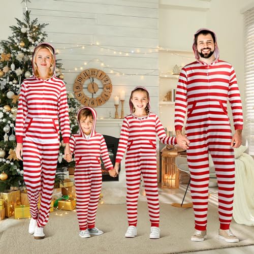 Couples Matching Christmas Pajamas Sets Striped Family Jumpsuit Hooded Long Sleeve3