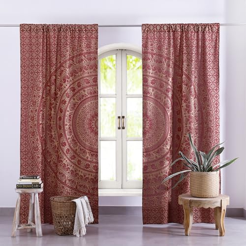 Popular Handicrafts Maroon Hippie Elephant Mandala Curtains 74 Inch Length for Living Room Bedroom 2 Panels Set Light Filtering Semi Sheer Window Curtains 50 Inch Width Boho Farmhouse Drapes Gold