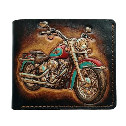 Theodoros Biker Motorcycle RFID Blocking Leather Wallet for Men – Handmade Full Grain Bifold, Retro Classic Bike Design, Carved Tooled Painted Wallet, Gift for Him