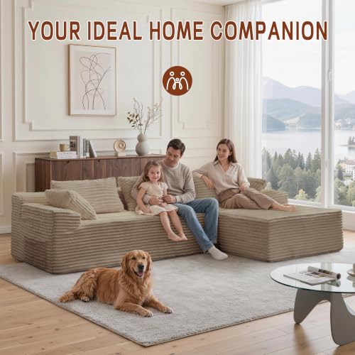 Image of Korser 108 inch L-Shaped Modular Sectional Sofa with Chaise, Boneless Comfy Corduroy Fluffy Couch with Deep Seat and Side Pockets, Flexible Module Combination for Living Room, No Assembly, Side Pockets