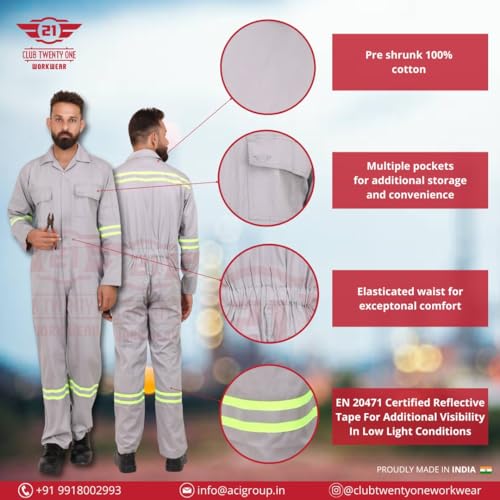 Image of CLUB TWENTY ONE Men's High Visibility Cotton Coverall with Green and Silver Reflective Tape | Multiple Pockets Zipper Front