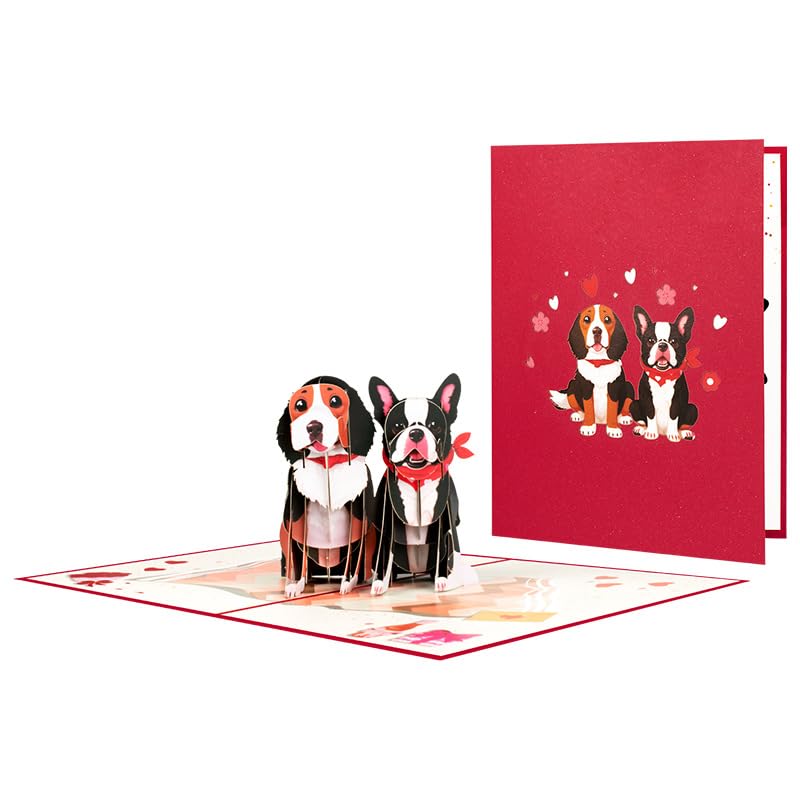 Cat Pop Up Greeting Card for Anniversary Card, Birthday, Valentines Day Card, Rose Kitties Romantic Love Card for Him Her Husband Wife Couple Parents Boyfriend Girlfriend, with Envelope (Dog)