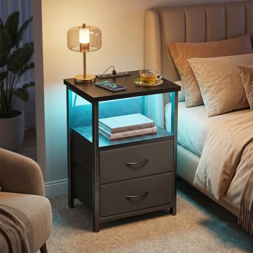 Image of Fixwal Nightstand Set of 2 Night Stand with Charging Station, LED Nightstand with Fabric Drawers, End Table with PU Finish, Bed Side Table, Black