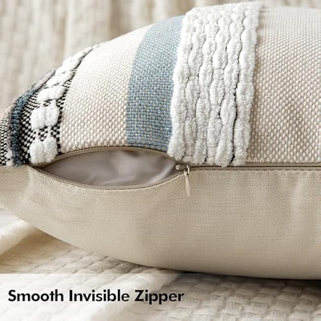 Woaboy Blue-Orange Boho Throw Pillow Covers Set of 2 18x18 Inch Farmhouse Decorative Cushion Cases Multicolor Striped Chenille Pillow Covers Accent Pillowcase for Sofa Couch Bed