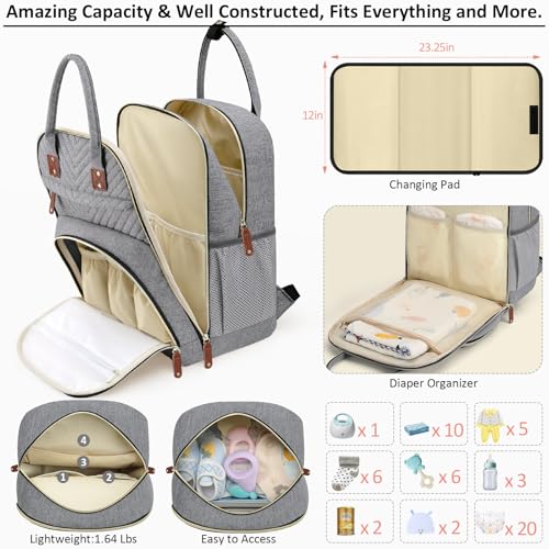 Image of Tenot Diaper Bag Backpack for Women with Changing Pad, Baby Bag with Insulated Pockets Multifunctional Diaper Bags For Baby Girl Boy Waterproof Baby Bags For Boys Girls Maternity Bag Grey