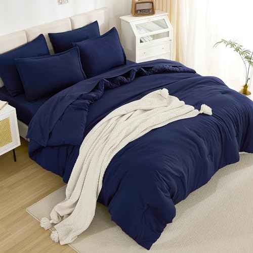 Litanika King Size Comforter Set Navy Blue - 7 Pieces Bed in a Bag King Bedding Comforter Sets, Solid Lightweight Bed Set with Comforter, Sheets, Pillowcases & Shams
