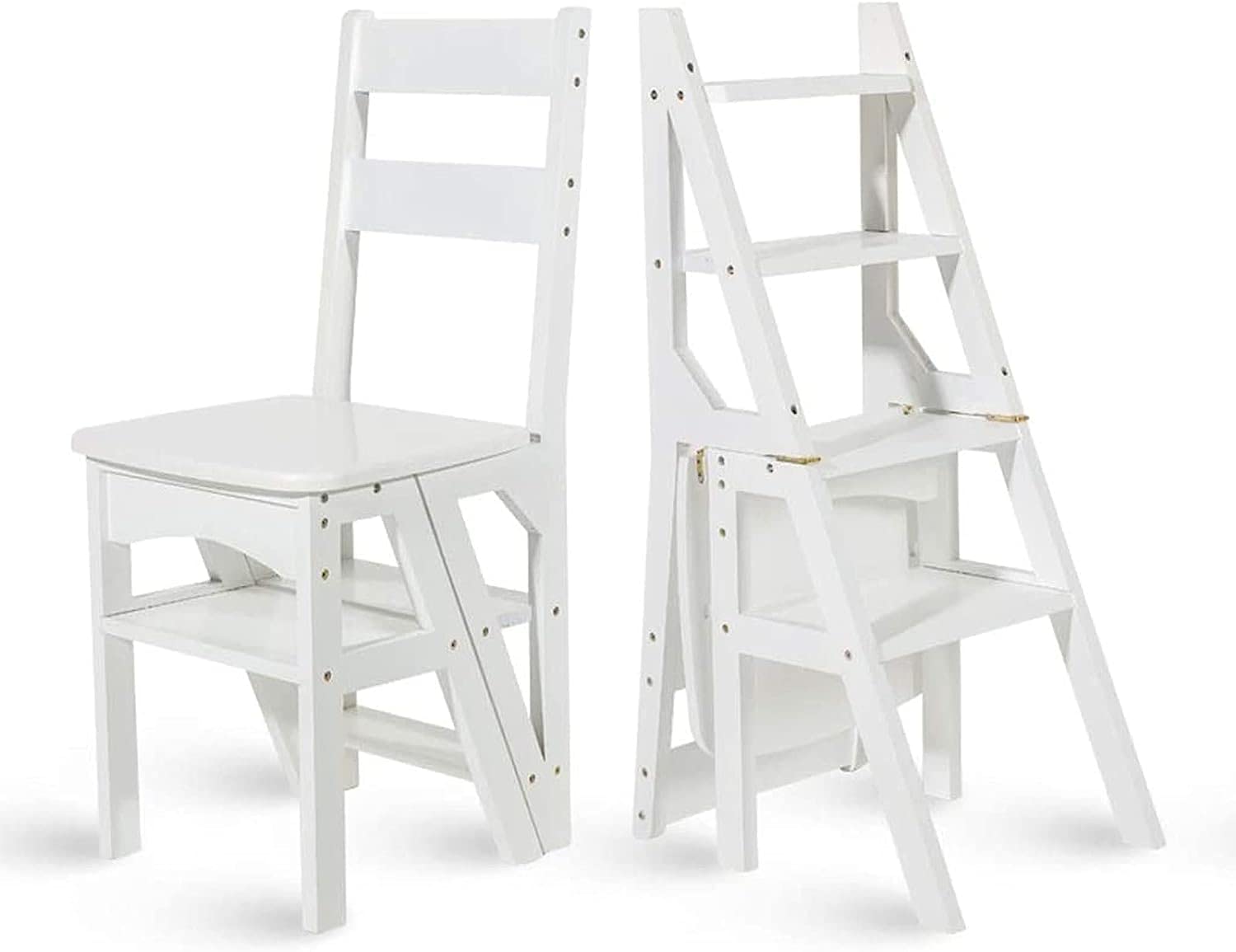 Escabeau bois pliant 4 marches blanc OKUOKA avec large pédale et étagère