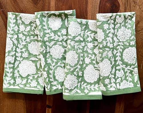 ATOSII Shalimar Green 100% Cotton Fall Cloth Designer Dinner Napkins, Handblock Print, Washable Durable Linen for Everyday Use Wedding Parties Outdoors Christmas I 20 X 20 Inches I Set of 4