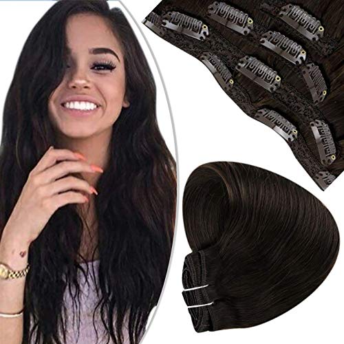 Clip in Hair Extensions Remy 100% Human Hair #2 Darkest Brown Straight Hair Extensions 4Pcs 50g 12inch