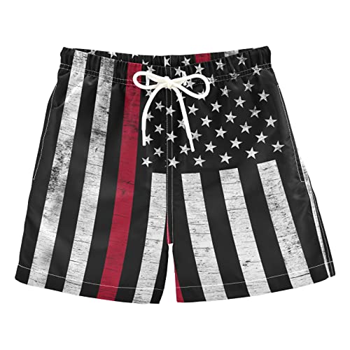 Aflyko 4th of July Boys' Swim Trunk Firefighter Support Stars Strips Flag Beach Board Shorts Toddler Swimwear
