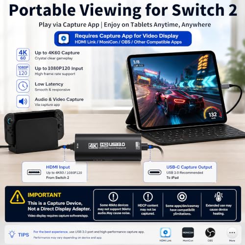 Image of Guermok 4K USB 3.0 HDMI Capture Card for Streaming with PD 100W, 4K@60FPS | 2K@120FPS HDMI to USB C /A Capture Card for Streaming, Works with Pad, Tablet, MacOS, Switch2 /1, Laptop, PC, Camera, VR, Black