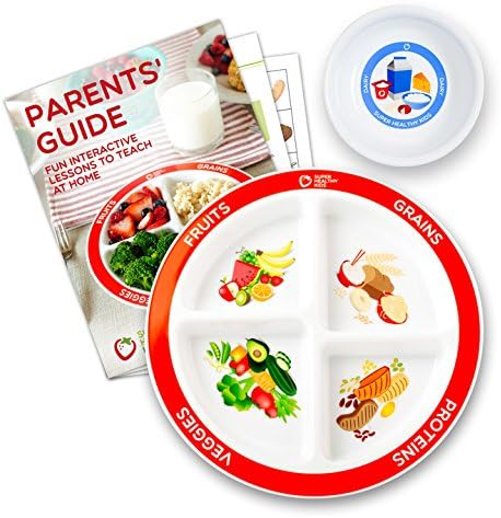 Health Beet Portion Plate Choose MyPlate for Kids, Toddlers - Kids Plates with Dividers and Nutrition Portions Plus Dairy Bowls - Includes Healthy Eating Lesson Plan (Set of 4)