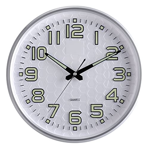 Image of Plumeet Night Light Wall Clocks, 13 Inches Clock with Silent Non-Ticking Glowing for Indoor Kitchen Bedroom, Large Number Battery Operated (Silver)