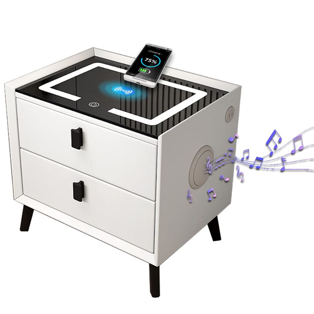 Smart Bedside Table, Multi-Functional Nightstand End Table, Wooden Side Table, with Wireless Charging USB Port and Bluetooth Speaker, for Home Living Room Bedroom Hotel Office (With Bluetooth Speaker)