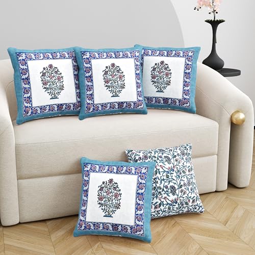 Image of BLOCKS OF INDIA Hand Block Printed Cotton Linen Cushion Cover (16 x 16 inches) (Blue VASS)