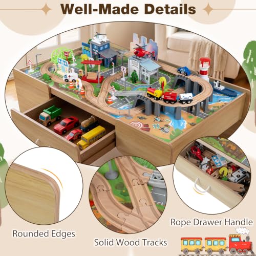 Image of Costzon 110-Piece Wooden Train Table with Drawer for 3+ Years Old Toddlers | 3-in-1 Kids Activity Play Set w / Reversible Tabletop, Storage Space, Train Tracks, Figures, Vehicles, and Buildings
