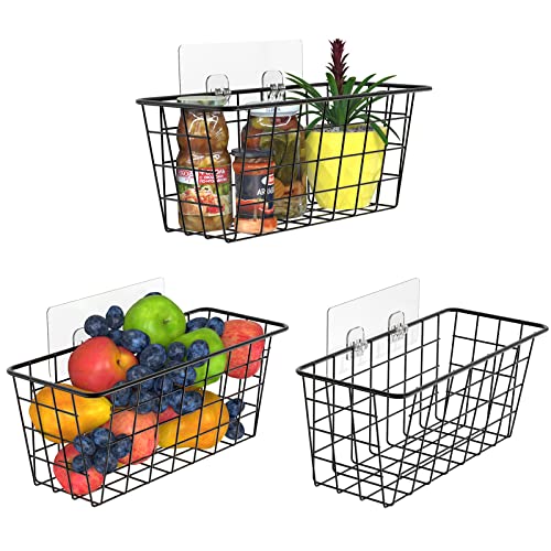 MaraFansie Over the Cabinet Door Organizer Wall Wire Baskets Hanging Kitchen Basket Shelf for Cabinet & Pantry Organization and Kitchen, Bathroom, Bedroom Storage, with Adhesive, Black, 3 Pack
