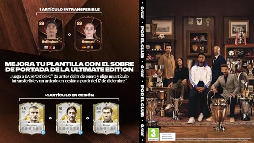 Parte posterior de la caja de EA SPORTS FC 25 mostrando detalles sobre la Ultimate Edition y artículos adicionales