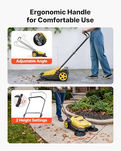 Image of VEVOR Walk-Behind Hand Push Floor Sweeper, Manual Floor Sweeper Non-Electric with 25.6 inch Sweeping Width, 5 Gallons Waste Container & Adjustable Folding Handle for Yards Walkways Patios Garages - Yellow