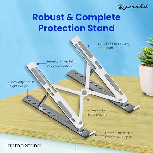 Image of ProDot Multi-Angle Metal Portable Foldable Laptop Stand with 7 Adjustable Height, Anti-Slip Silicone Pads & Overheating Protection, Compatible with 10-15.6 Inch Laptops (Aluminium, Silver)