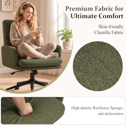 Image of Comfortable Ergonomic Office Chair, Upholstered Desk Chair with Double-Layer Cushioning, Adjustable Height Swivel Task Chair with Padded Armrests, Rolling Wheels and Metal Base, Green