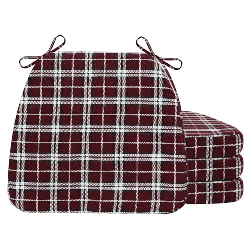 Image of AAAAAcessories D-Shaped Chair Cushions, 2 inch Thick Dining Chair Pads with Ties and Removable, Machine-Washable Cover, 17 inch x 16 inch, Set of 4, Red Checkered
