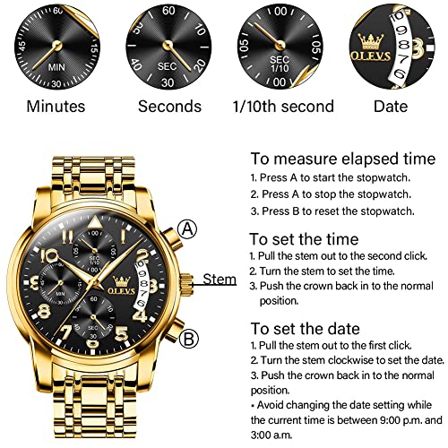 OLEVS Men's Stainless Steel Chronograph Watch, Big Face Gold Silver Black Tone Easy to Read Analog Quartz Watch, Luxury Waterproof Date Diamond Roman Arabic Numerals Dial Dress Watch for Men