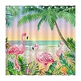 Summer Tropical Beach Shower Curtain, Pink Flamingo Palm Tree Jungle Leaves Shower Curtain, Ocean Se