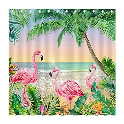 Summer Tropical Beach Shower Curtain, Pink Flamingo Palm Tree Jungle Leaves Shower Curtain, Ocean Seaside Coastal Scene Shower Curtain Set, Waterproof Bathroom Decoration Bathtub Decor 72"X72" #TOP18