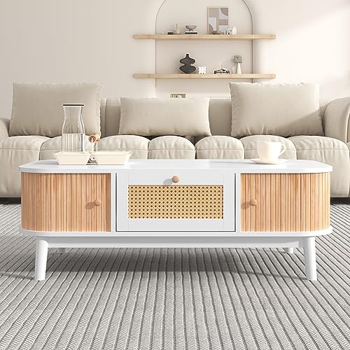 BTM Table Basse en Rotin, Tiroir avec rotin et Porte coulissante avec Lattes en Bois Massif, Pieds en Bois Massif, Coffee Table 110x55x39cm, Style Rustique Naturel
