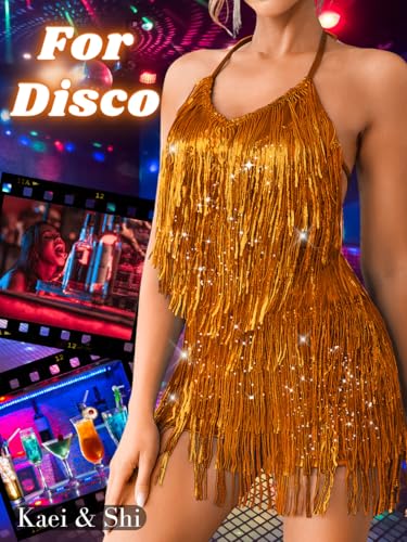Image of Kaei&Shi Sequin Fringe Romper,Sparkly Glitter Metallic Jumpsuits For Women,Backless Shorts Dress Disco Birthday Dance Outfit
