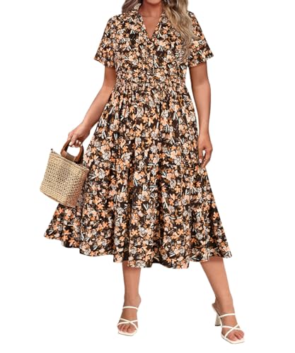 Image of CARCOS Plus Size Dresses for Curvy Women Collared Vneck Short Sleeve Dresses Midi Summer Ruffle Dress with Pocket XL-5XL