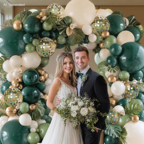Image of Zesliwy Emerald Green White Gold Balloons Arch Kit,Double Stuffed Dark Green Sage Olive Green Sand White Beige Chrome Gold Confetti Balloon for Birthday Graduation Wedding jungle Safari Party Decor
